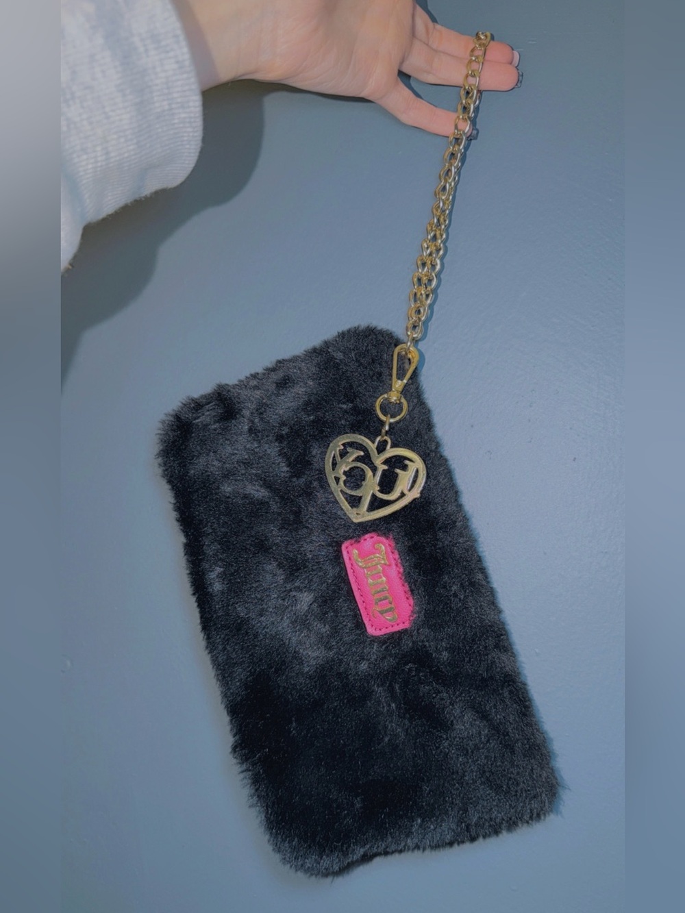 Juicy Couture Black Faux Fur Wristlet with Pink Logo Patch and Gold Heart Charm